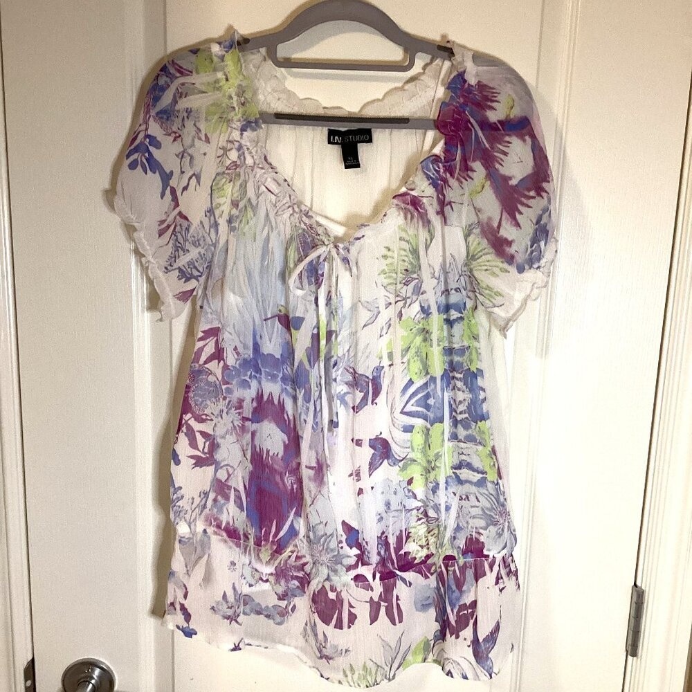 I. N. Studio Women's Blouse Lined Short Sleeves Feminine Sheer Fairy Size XL
